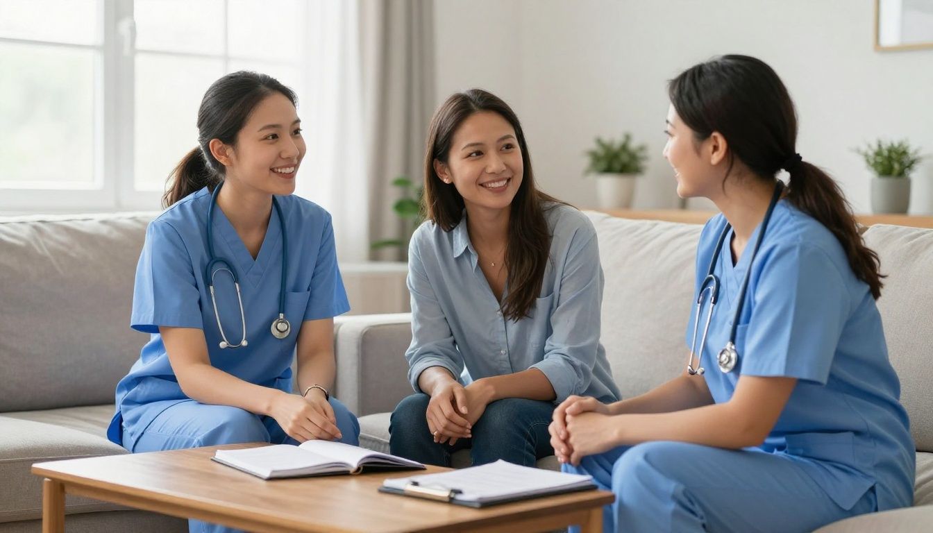 A home health nurse and a family member are smiling and talking together in a bright, welcoming living room, with a notebook open on the coffee table between them, signifying a positive and collaborative care partnership.