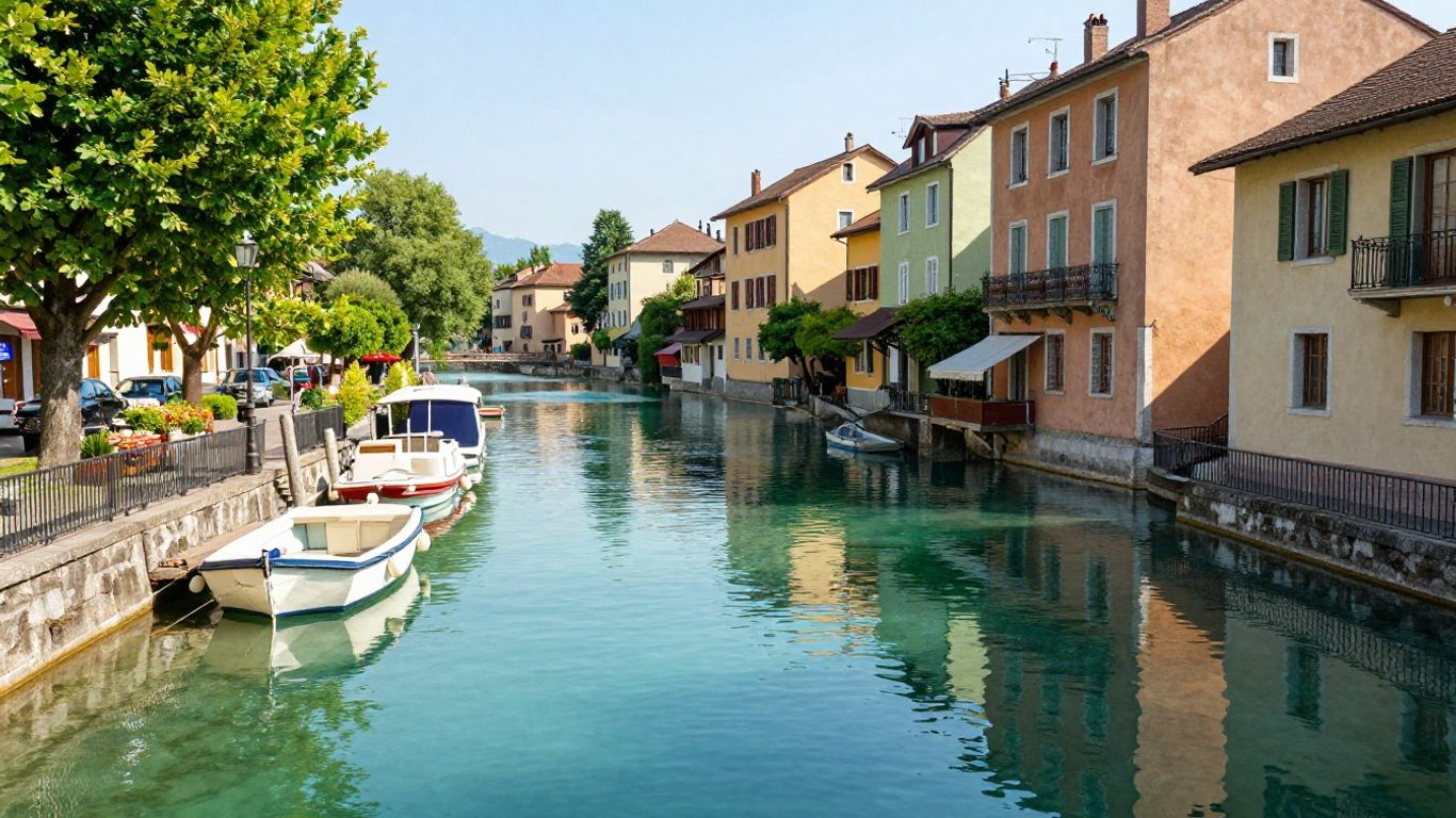 Annecy canal with colorful buildings and boats.