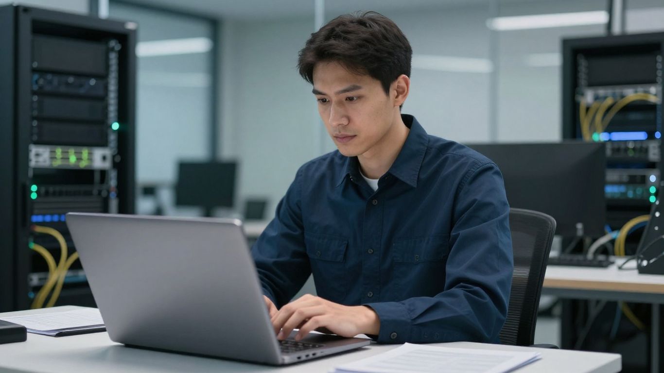 IT technician managing computer systems in an office.