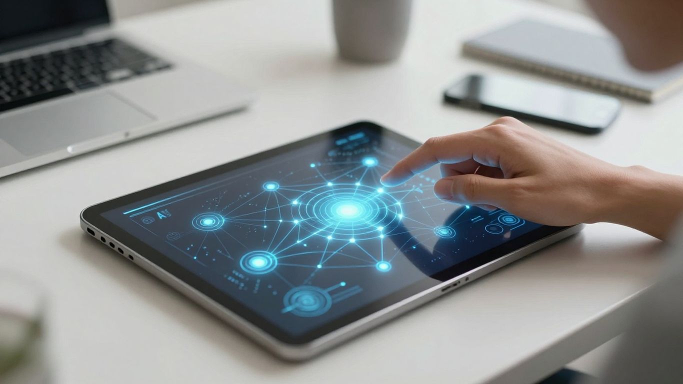 Personne utilise une tablette avec interface futuriste d’IA.