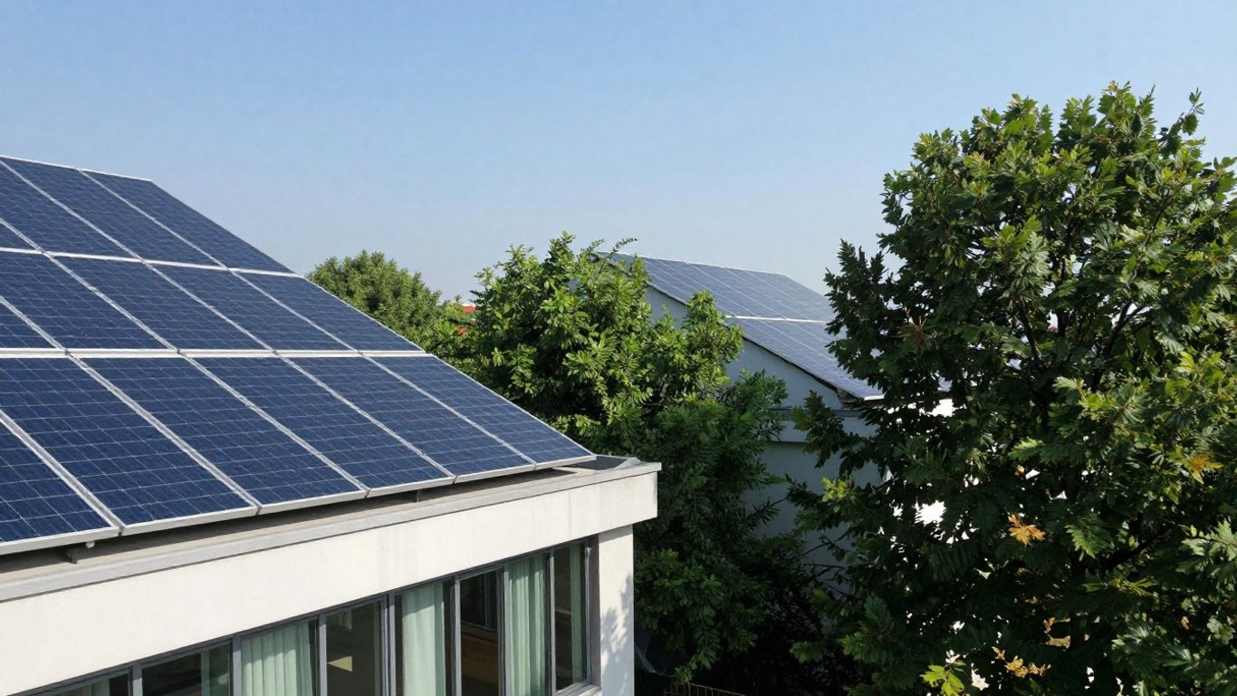 Solarmodule auf einem Dach, modernes Gebäude, strahlende Sonne.