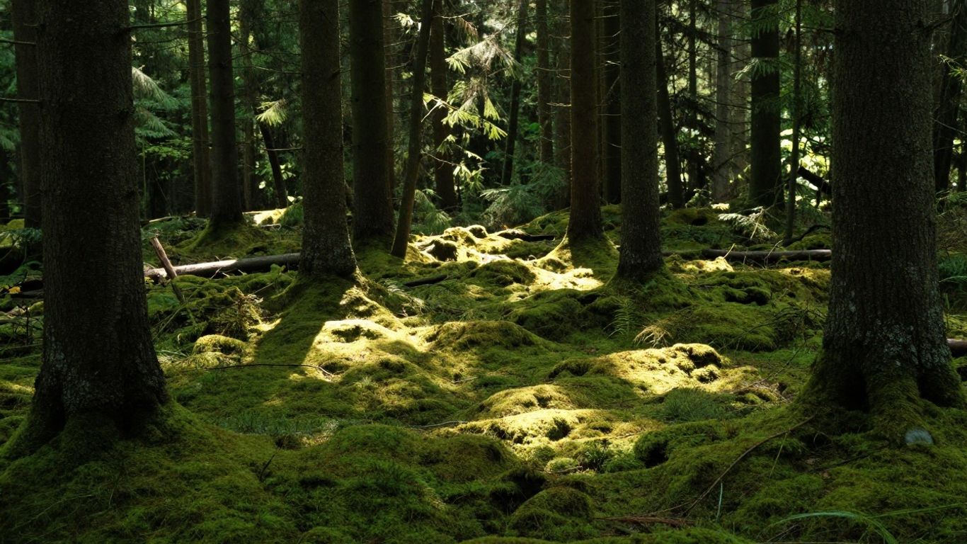 A serene forest landscape with soft filtered light