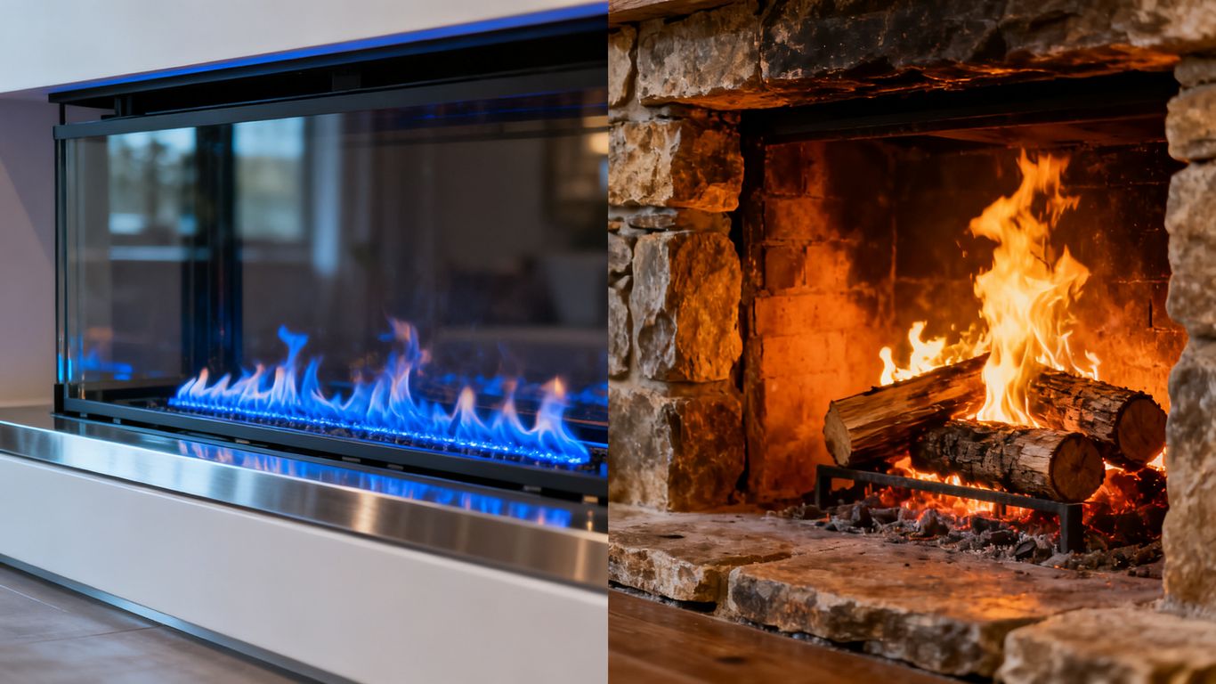Gas fireplace versus wood fireplace comparison image.