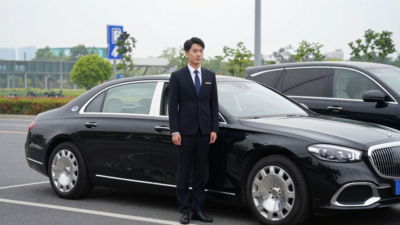 Professional chauffeur standing by a luxury sedan