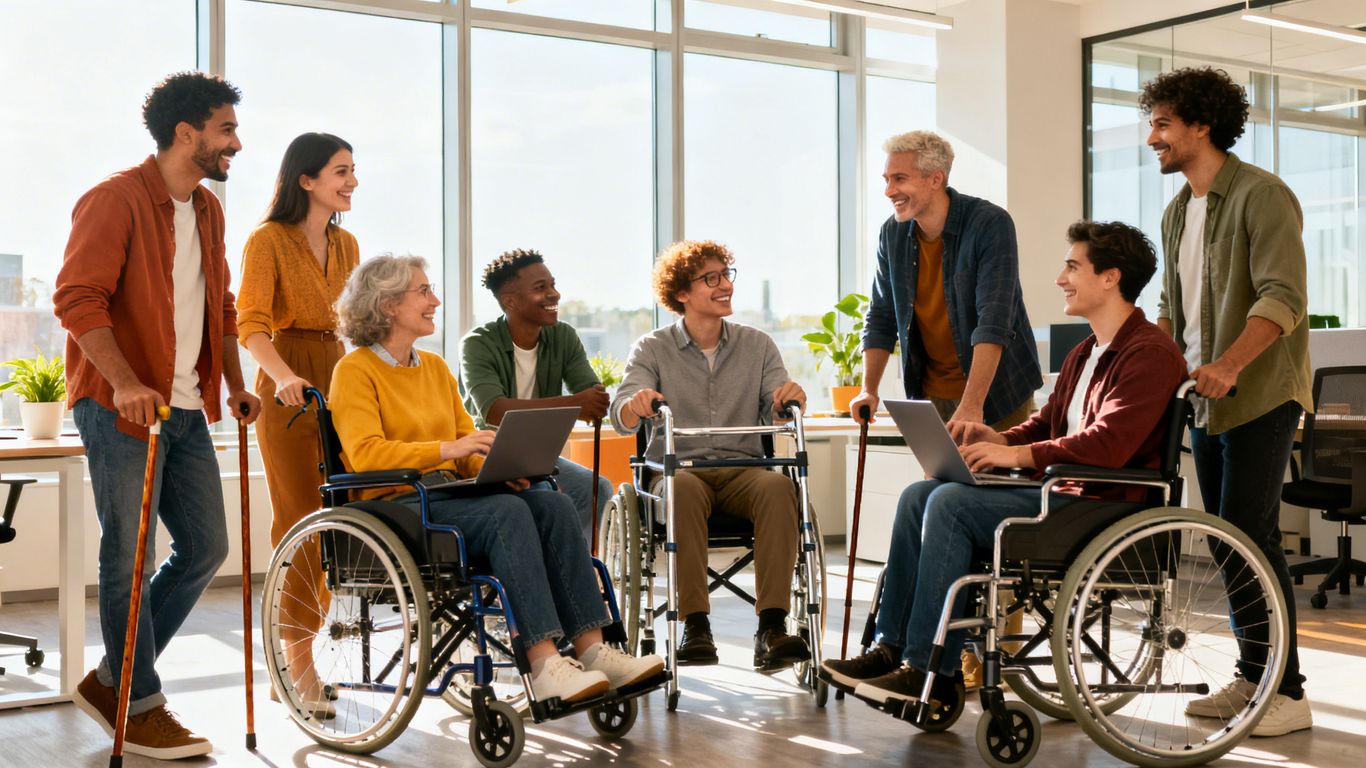 Diverse professionals collaborating in a bright, inclusive office.