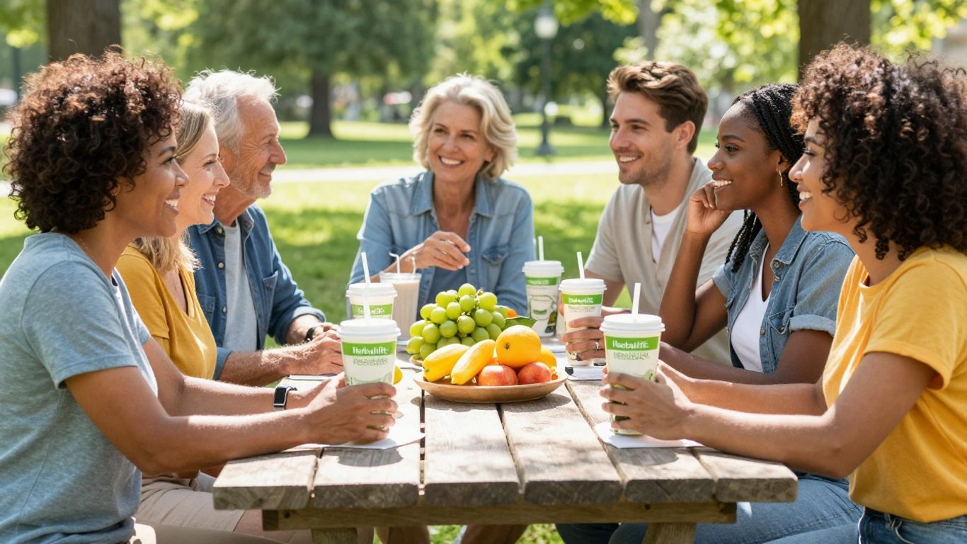 Group enjoying Herbalife shakes at outdoor picnic