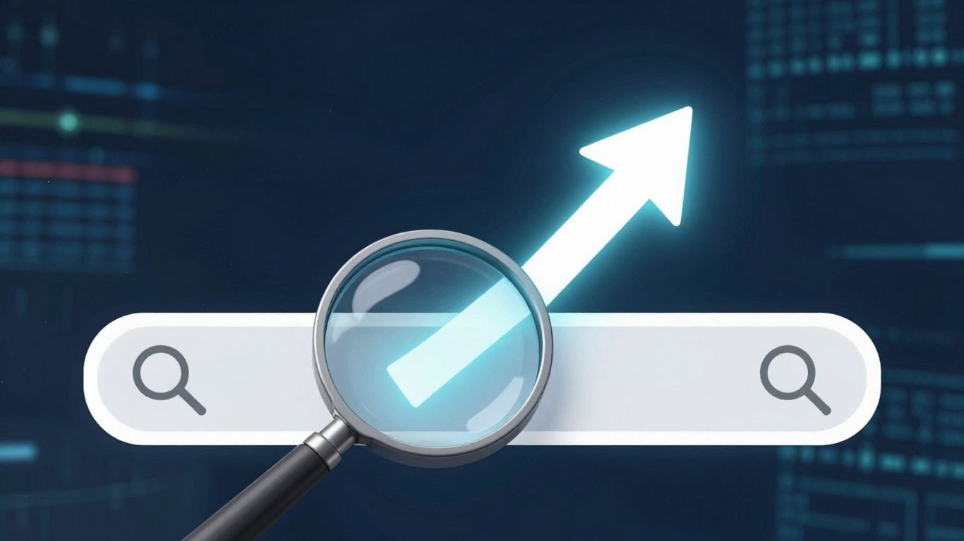 Magnifying glass over search bar with upward growth arrow.