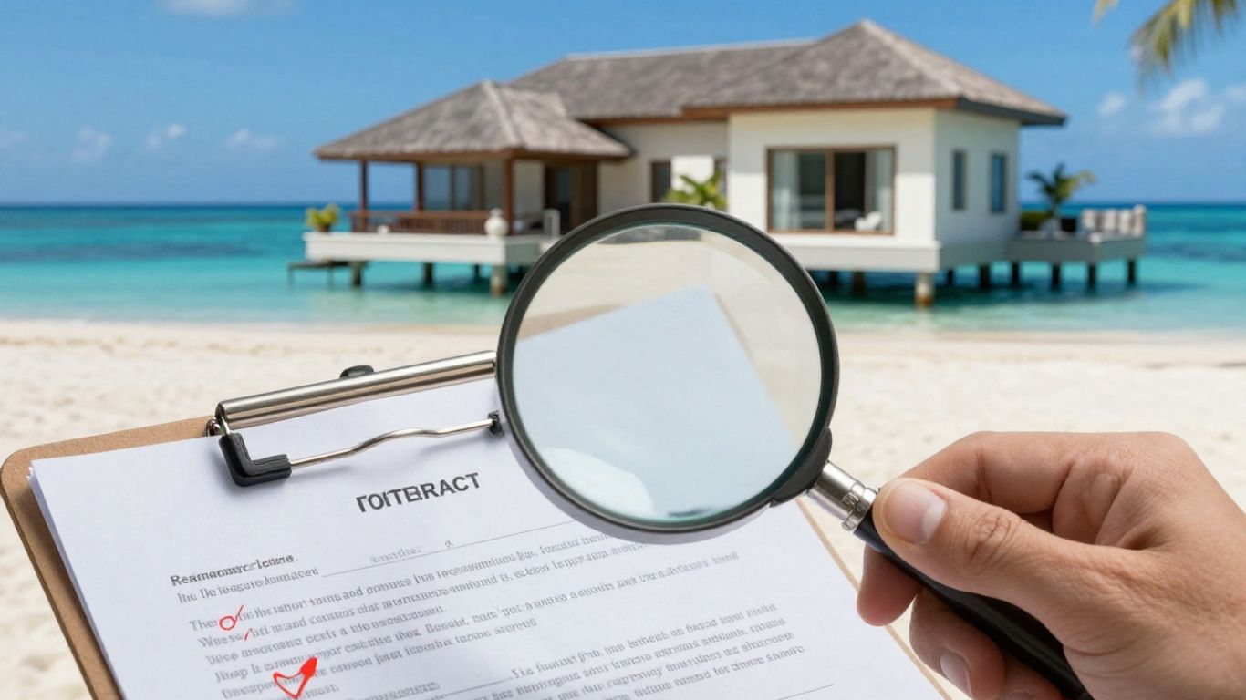 Person reviewing property contract with magnifying glass near beach.