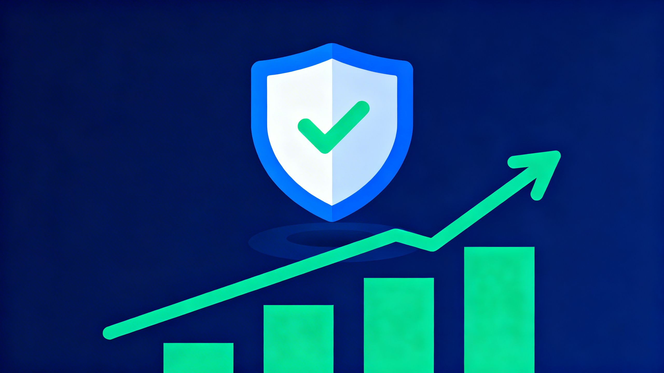 A shield icon with a checkmark in the center, floating above a stylized graph representing brand growth and positive reputation.