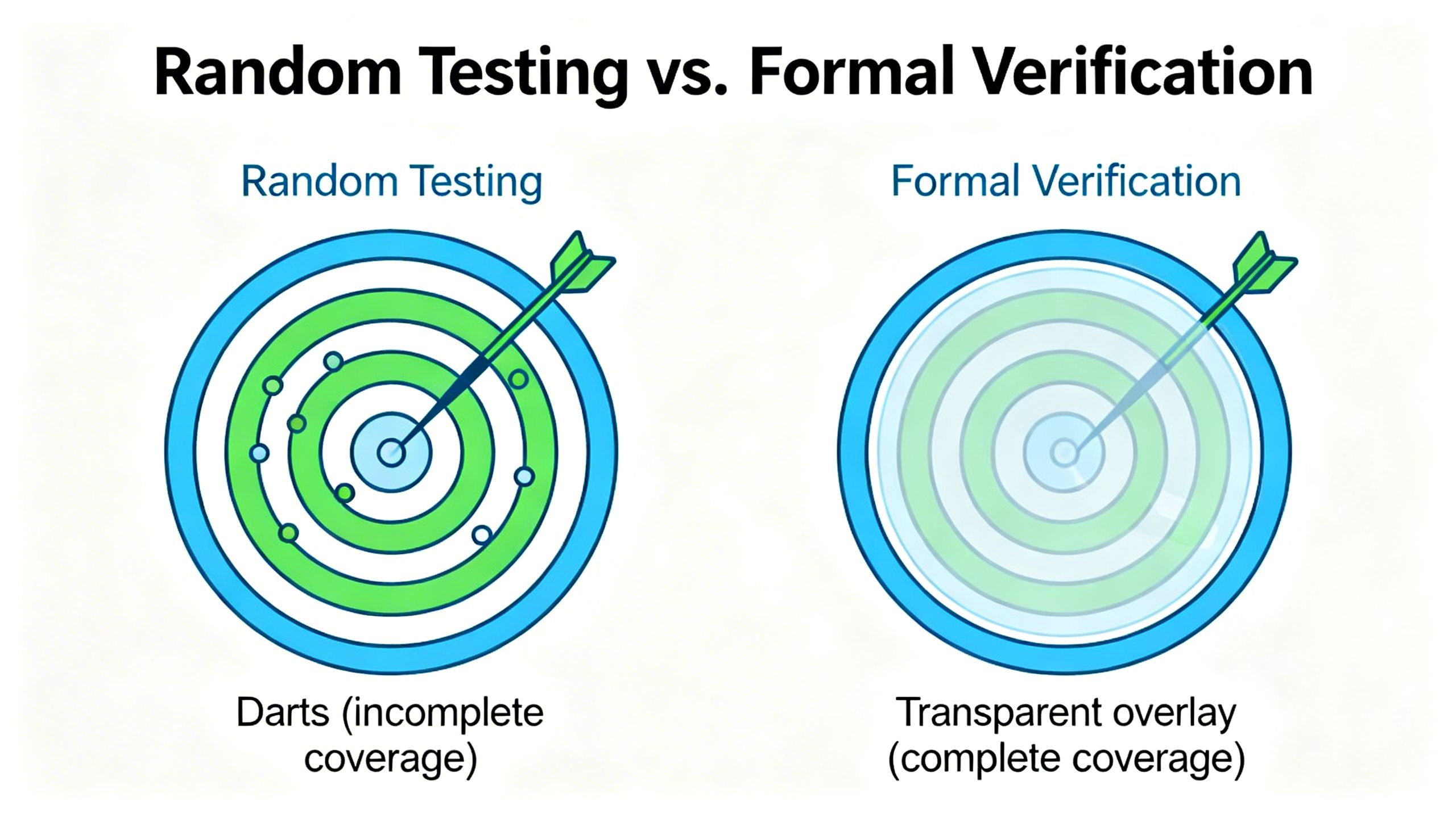 An infographic showing the difference between random testing (a few darts hitting a target) and formal verification (a transparent overlay that covers the entire target, proving complete coverage).