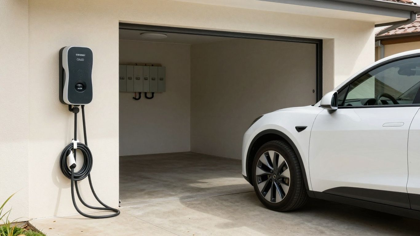 Electric vehicle charger beside Australian garage switchboard