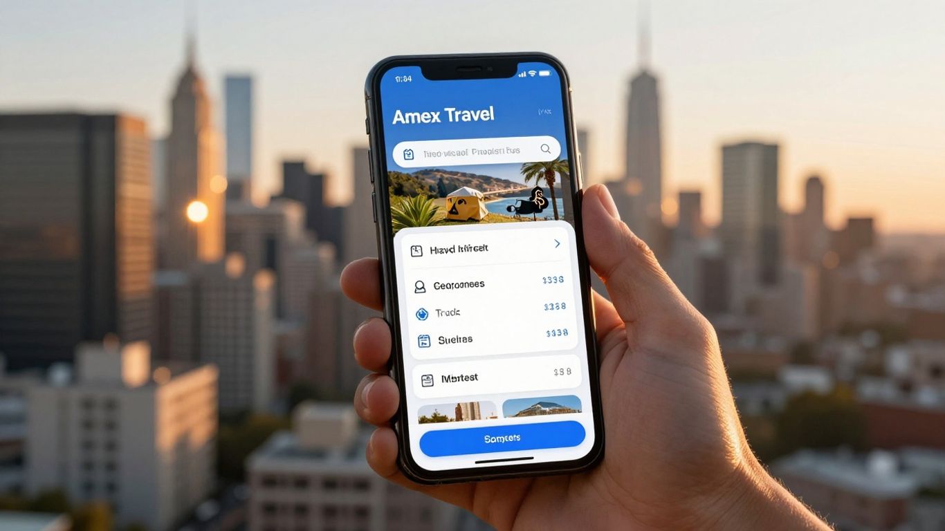 Amex Travel app on a smartphone with city skyline.