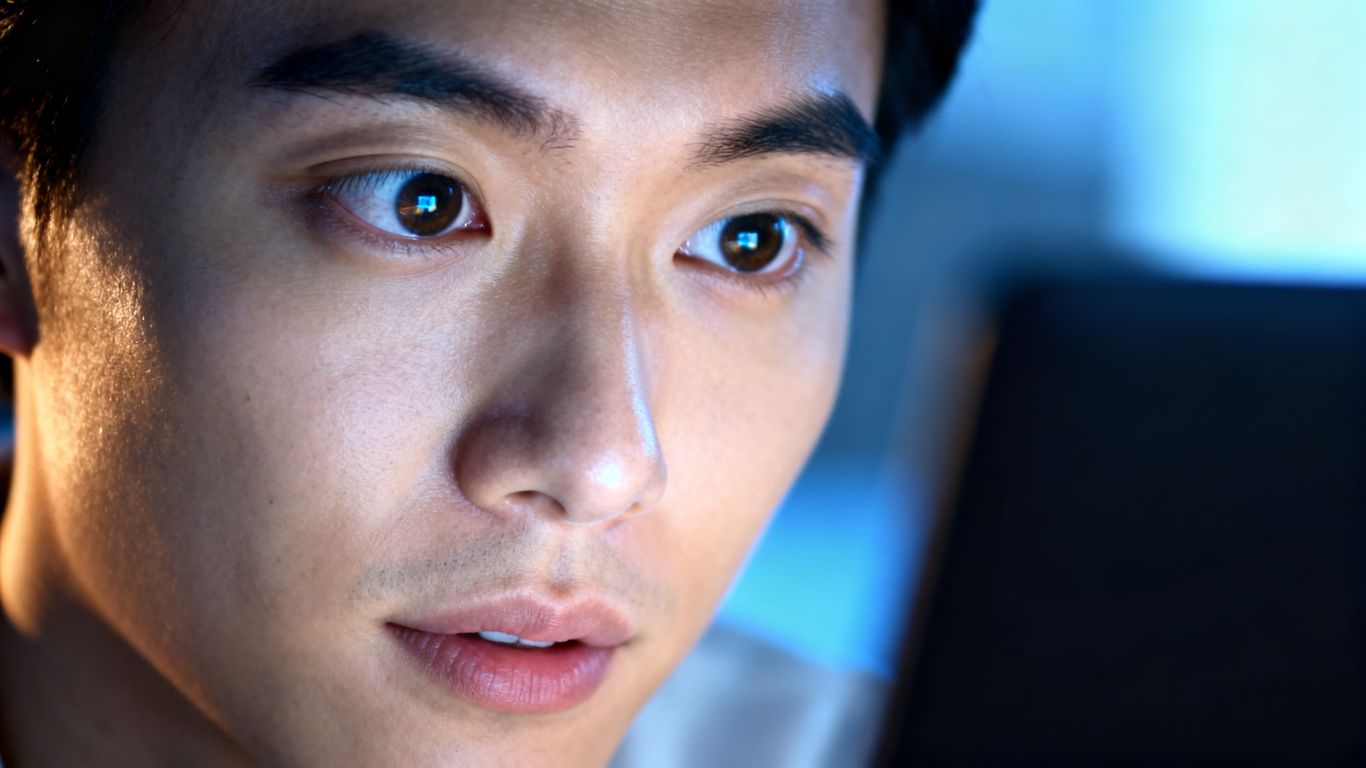 Person focused on a computer screen, illuminated by its glow.