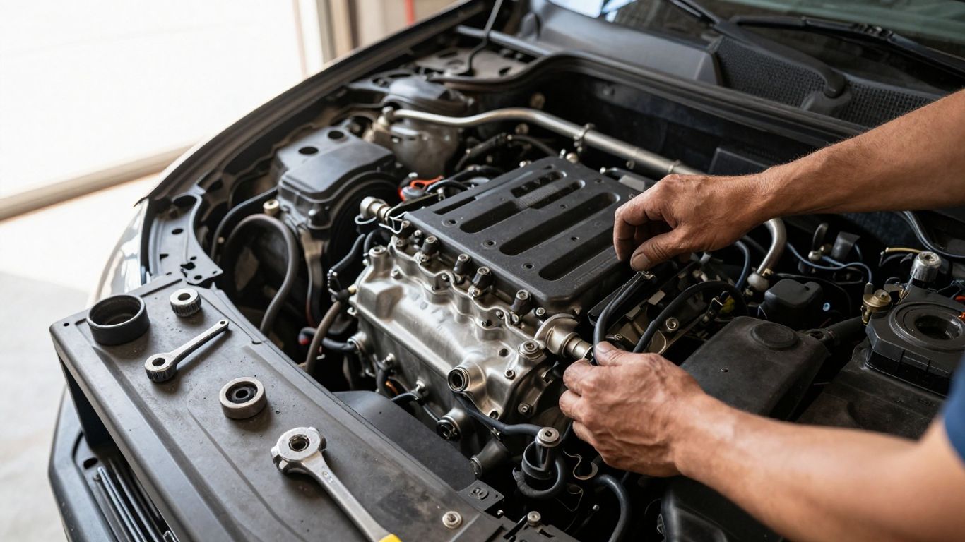 Mechanic inspecting a car engine in a garage.