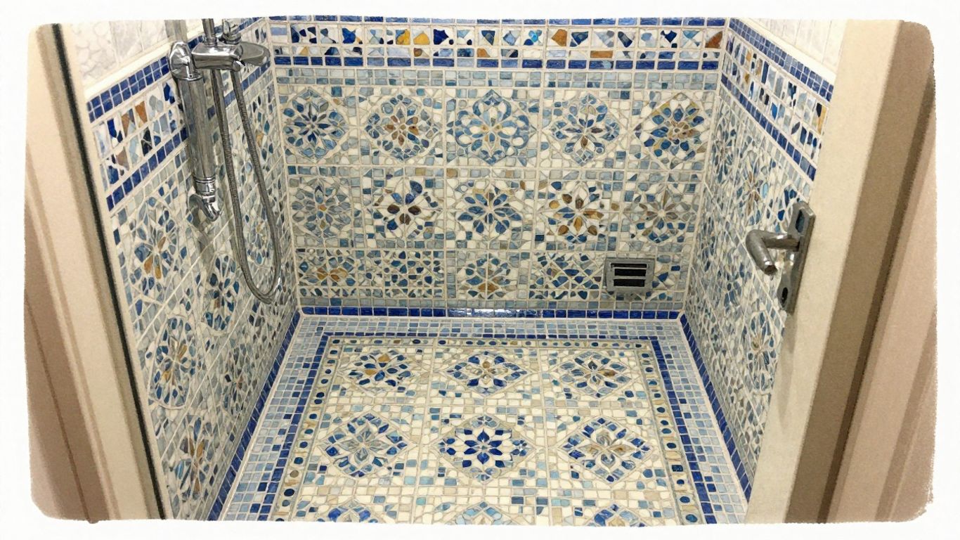 Small mosaic tiles in a cozy bathroom sketch.