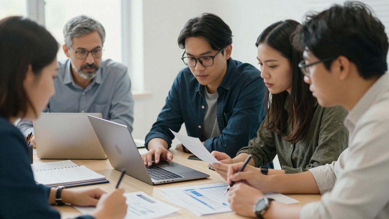 Équipe travaillant sur des documents professionnels avec une IA