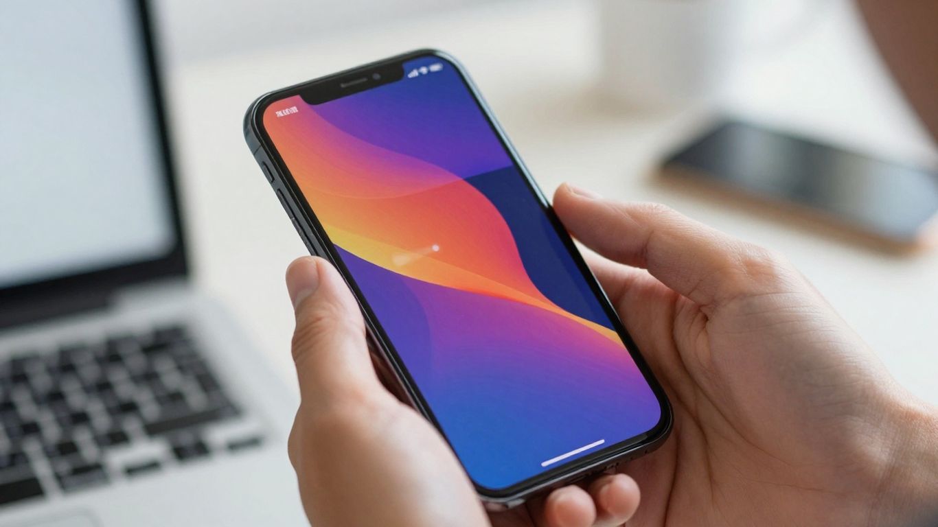 Hands holding a smartphone with a dynamic digital interface.