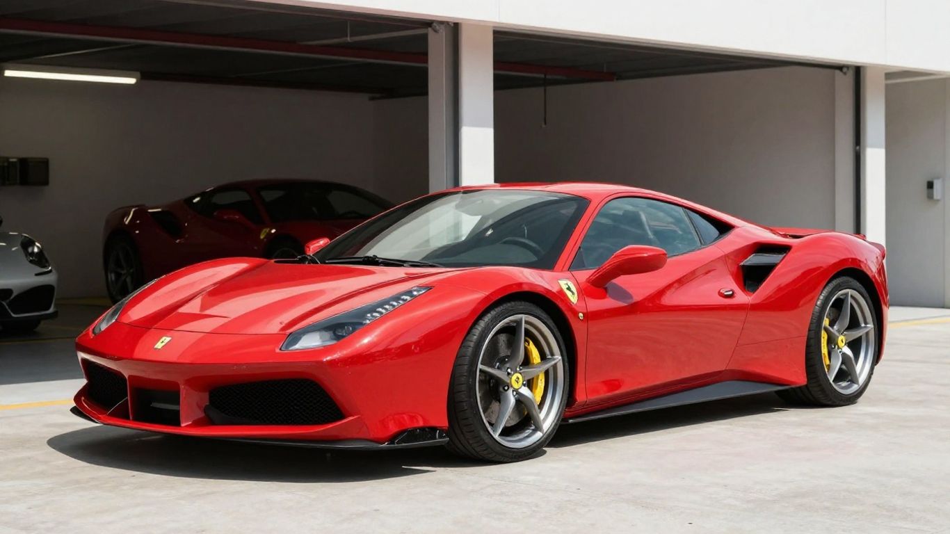 Red Ferrari 488 GTB parked in a garage.
