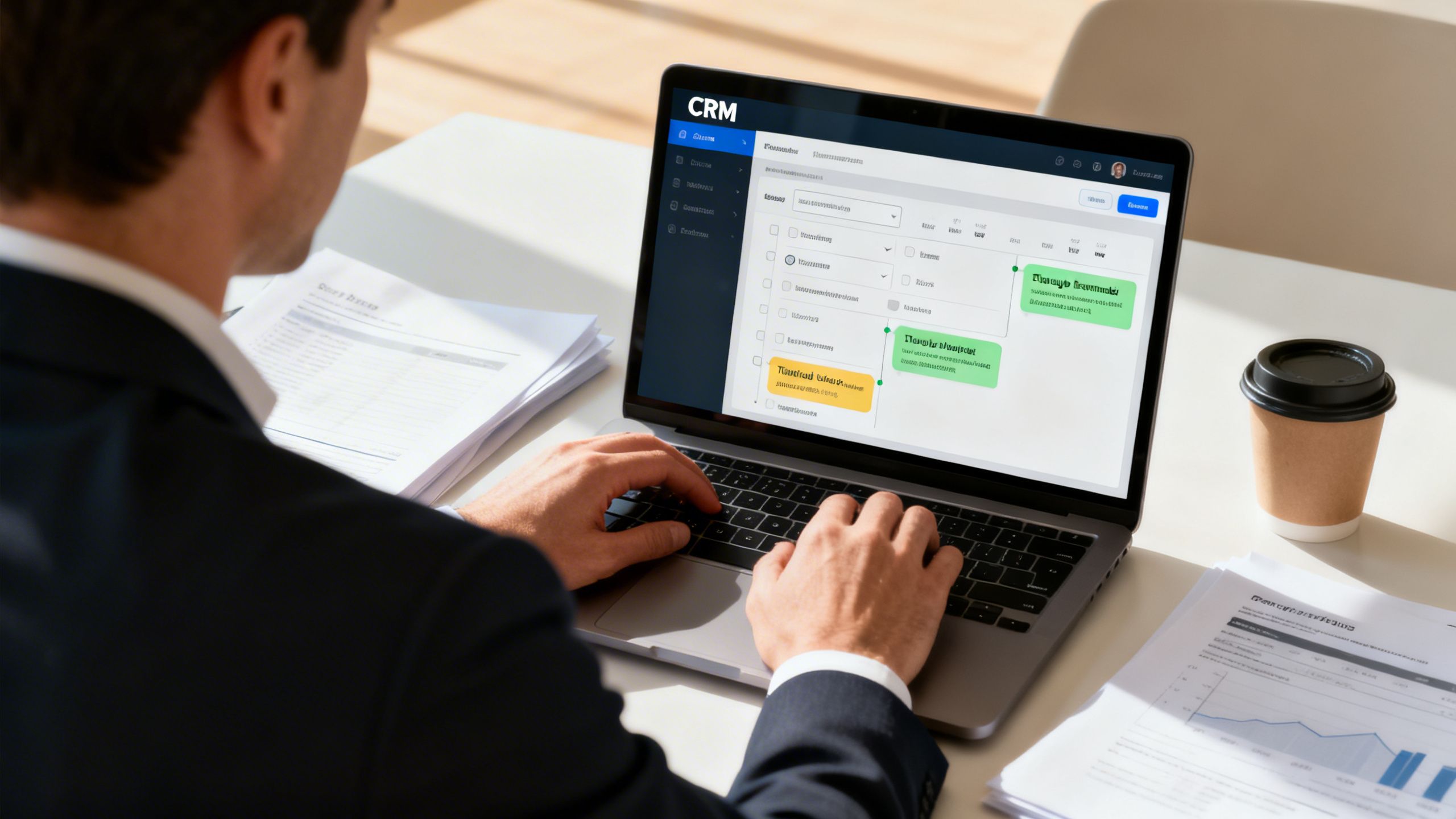 A sales professional efficiently managing their tasks using a CRM for follow-up efficiency on a laptop.