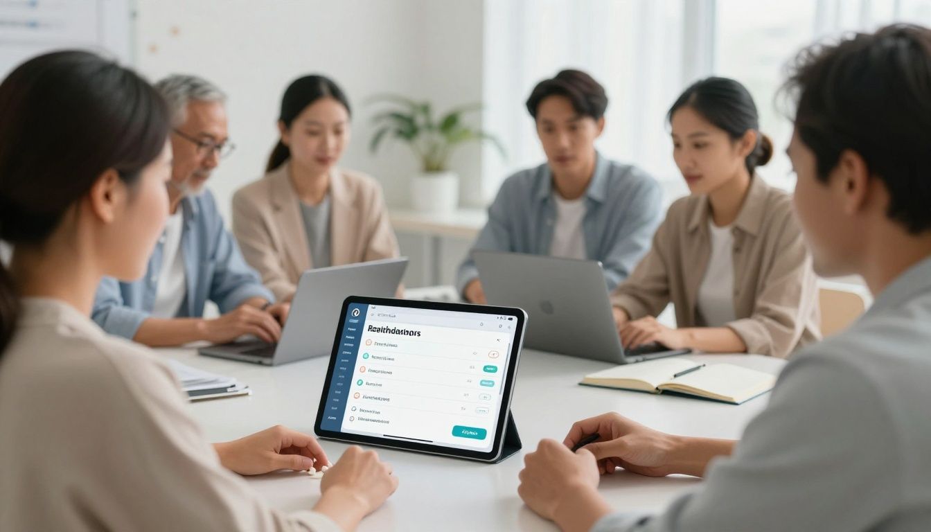 Bright modern health-tech scene showing a diverse group of adults organizing medication reminders, lab results, supplement routines, fitness data, and recovery metrics on a clean tablet dashboard, with a calm clinical workspace, natural light, no logos, and no text