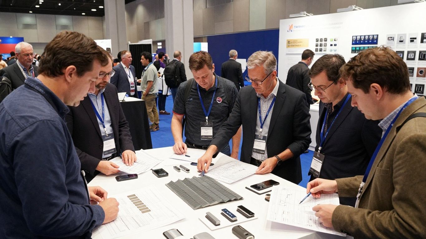 Conference attendees examining roofing materials and solutions.