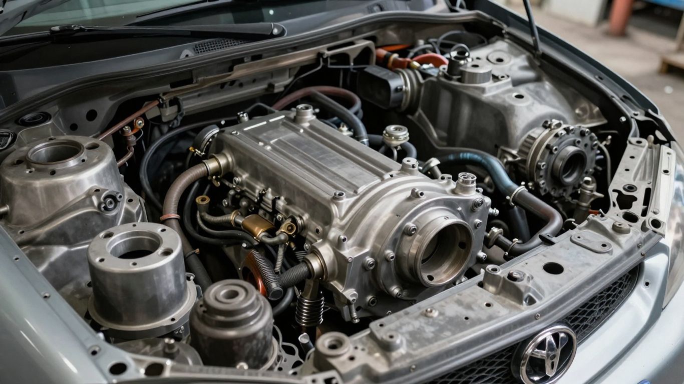 Dismantled Toyota Yaris car parts at a wrecking yard.