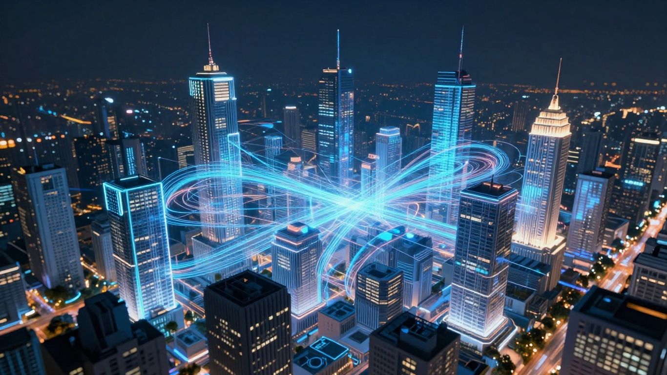 Futuristic cityscape with glowing interconnected digital blocks.