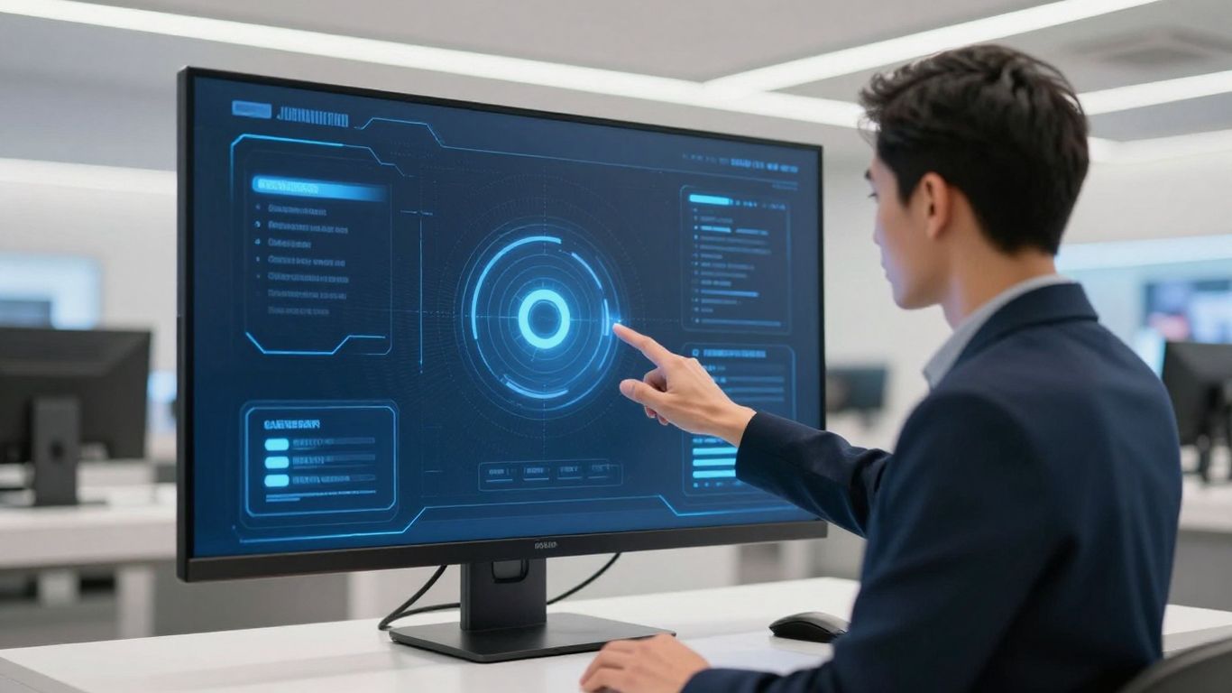 Mensch interagiert mit futuristischer Technologie im Einzelhandel.