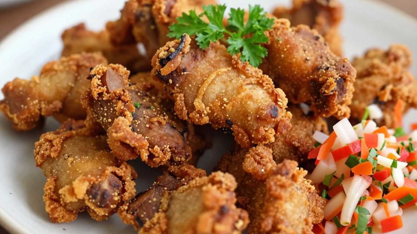 Crispy Haitian Griot with pikliz relish.