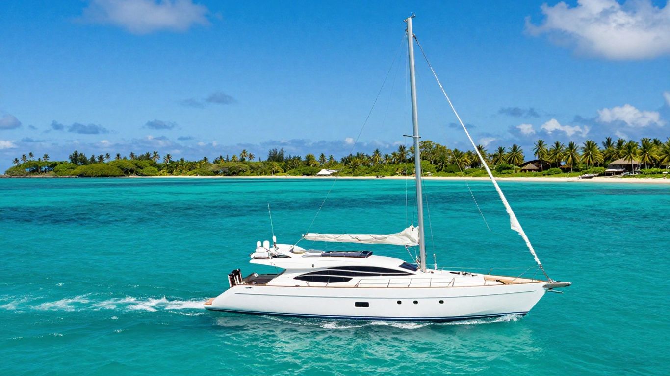 Sailing yacht on turquoise water near tropical islands.