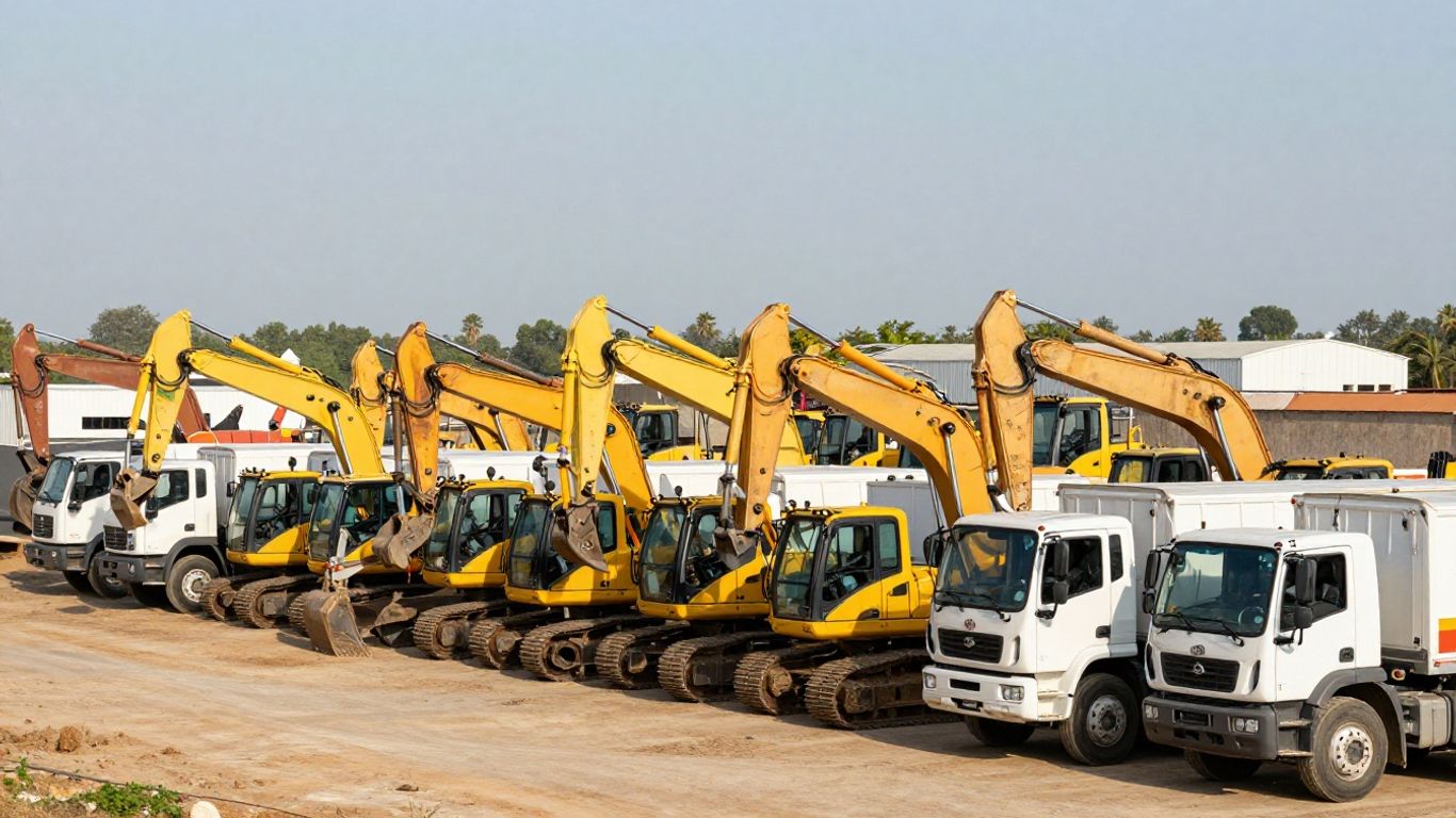 Construction vehicles in a fleet yard.