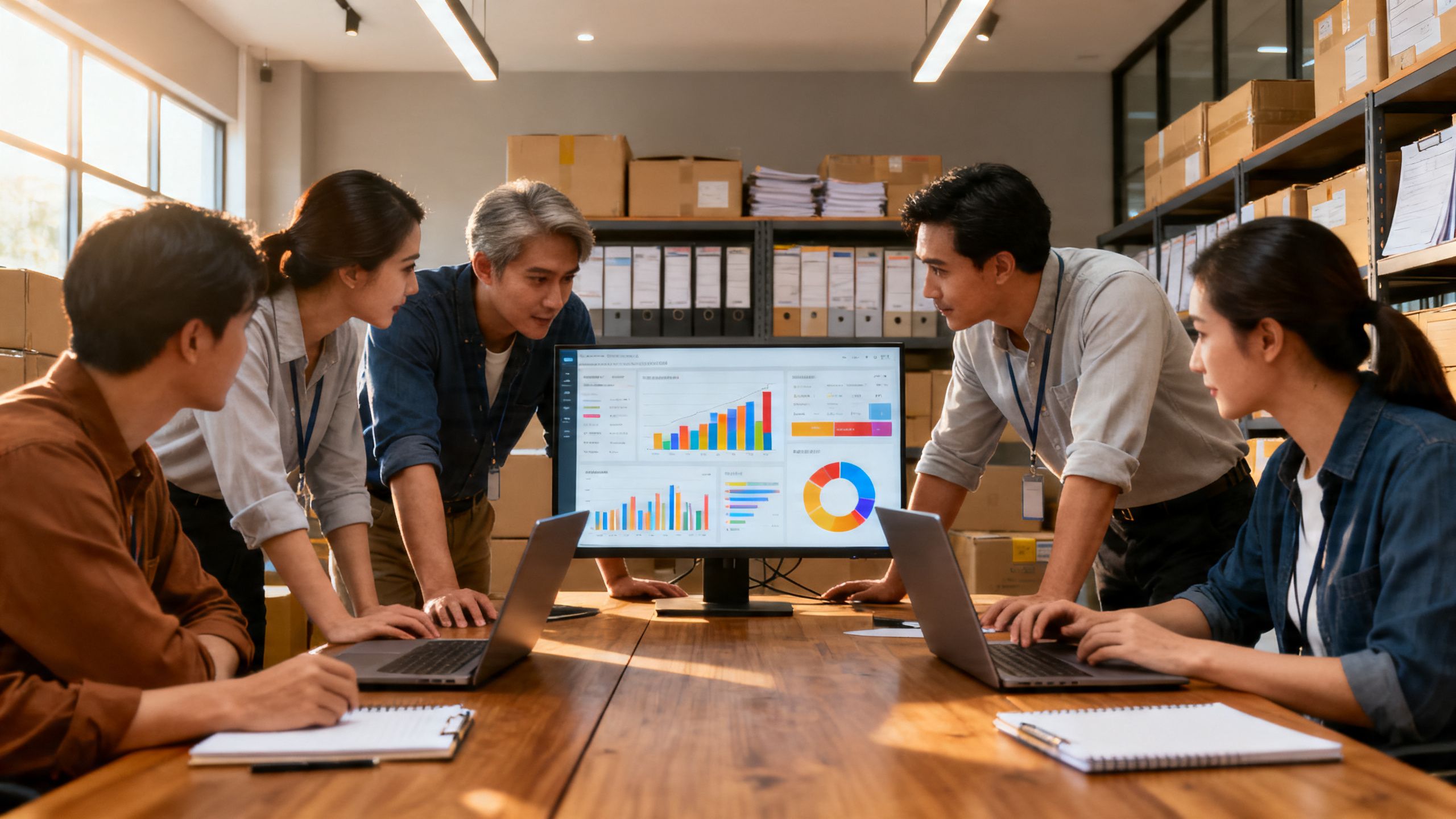 A team of logistics professionals collaborating around a desk, looking at a shared screen displaying charts and data, illustrating unified team view.