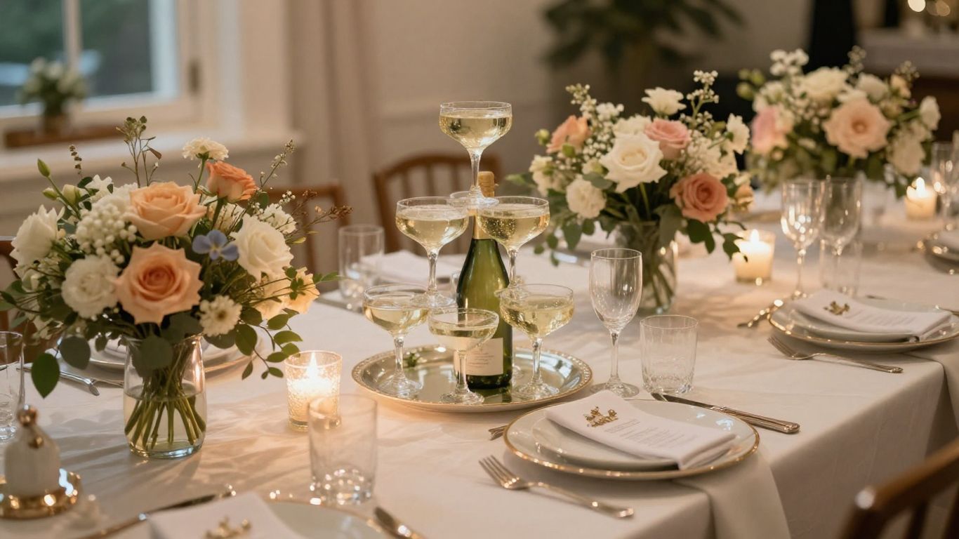 Elegant bridal shower decor in Dallas with flowers and champagne.