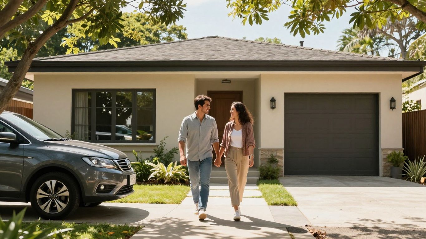 Couple walking towards a new home.