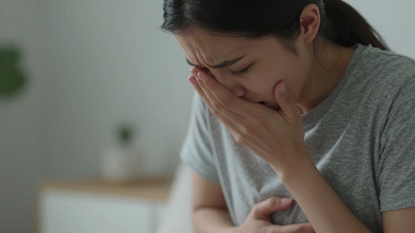 Mulher com dor abdominal, expressão de sofrimento.