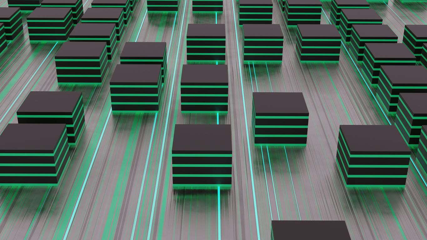Rows of dark cubes with glowing green lines.