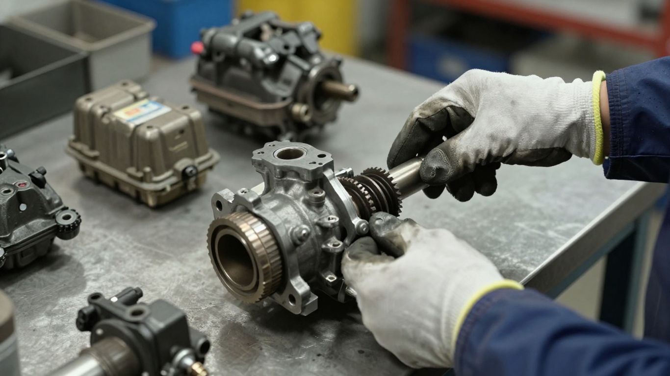 Used engine oil pump inspection at parts workshop