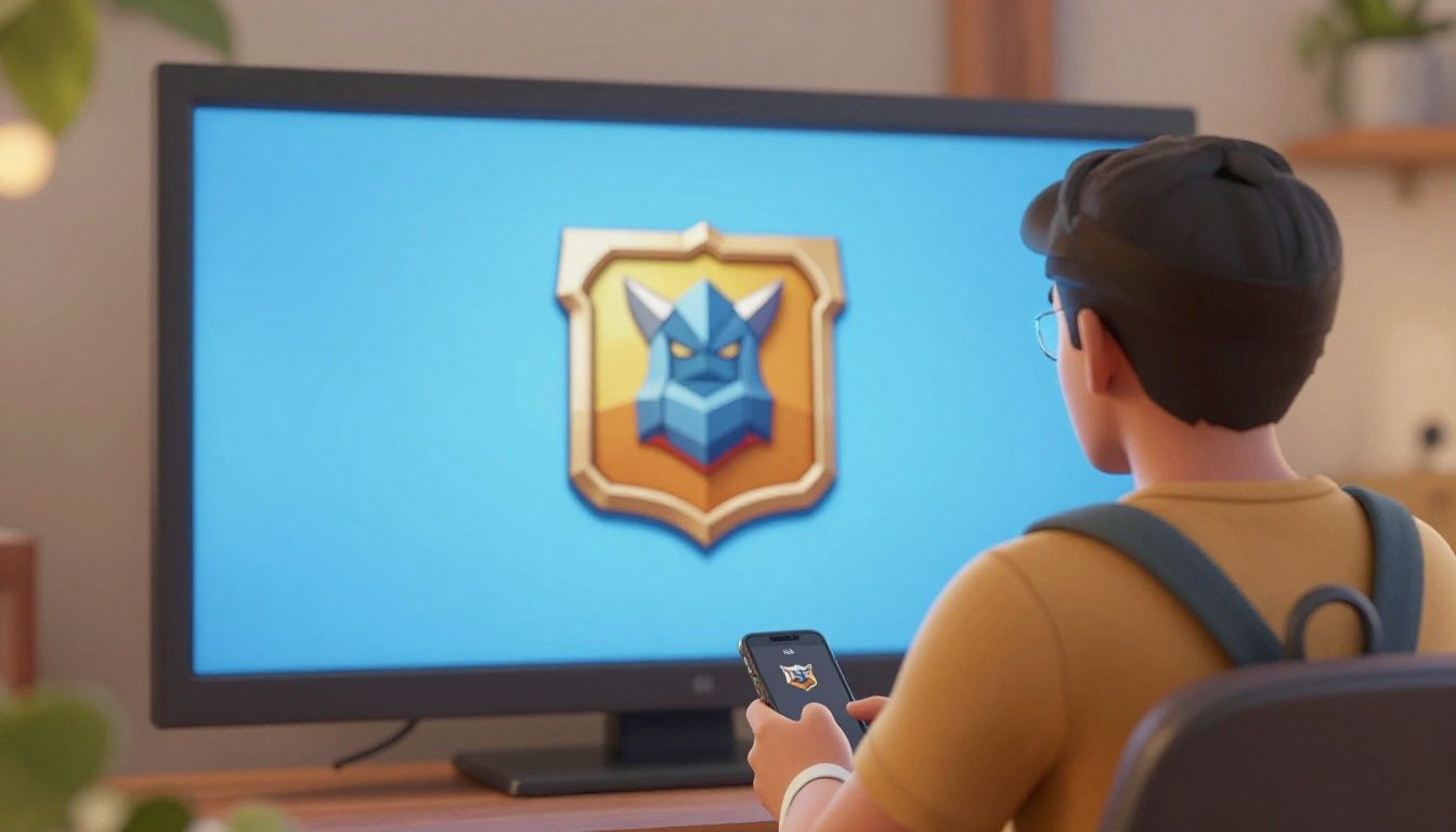 Um jogador entusiasmado olhando para uma tela de celular com o logotipo de um clã de Clash of Clans sendo exibido