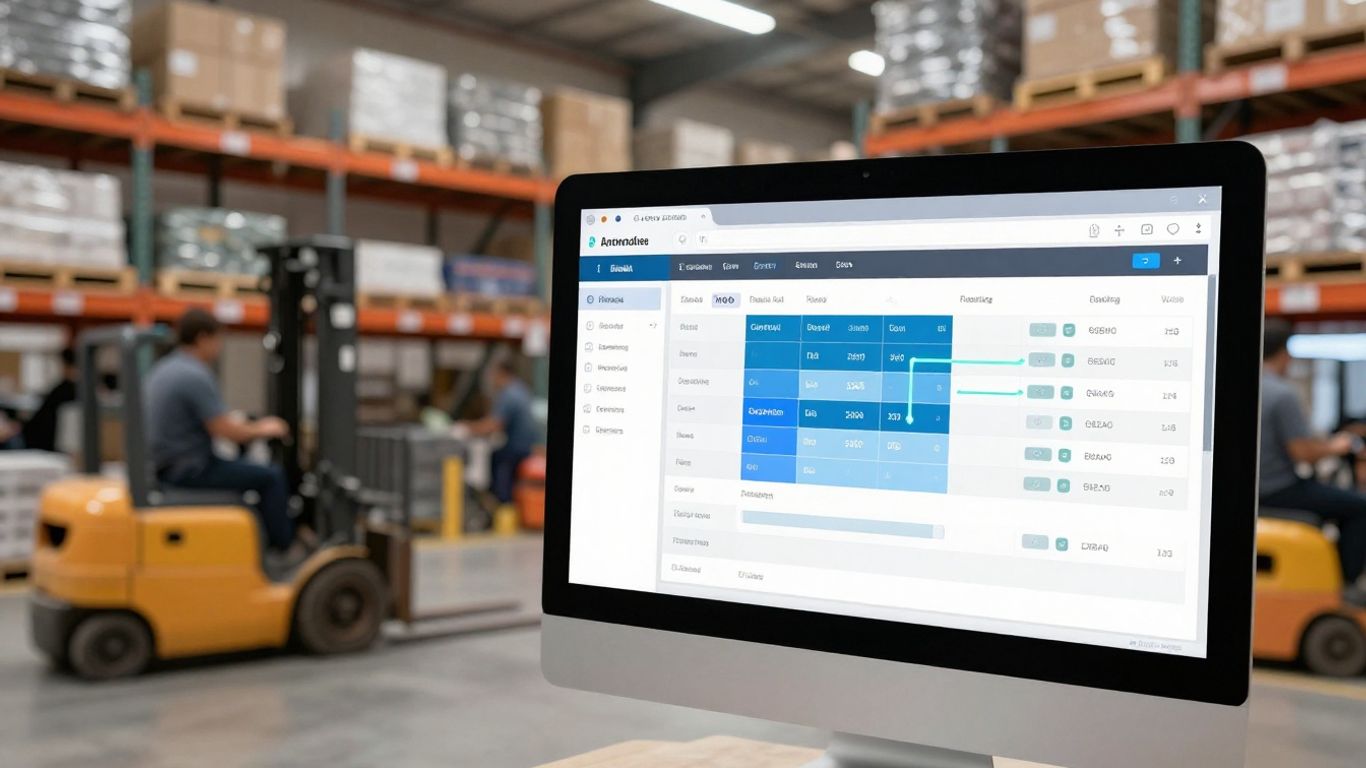 Automated workflow planning interface with blurred distribution center background.