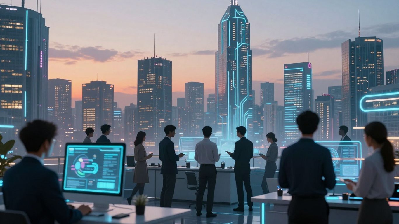 Profissionais interagindo com interfaces holográficas em cidade futurista.