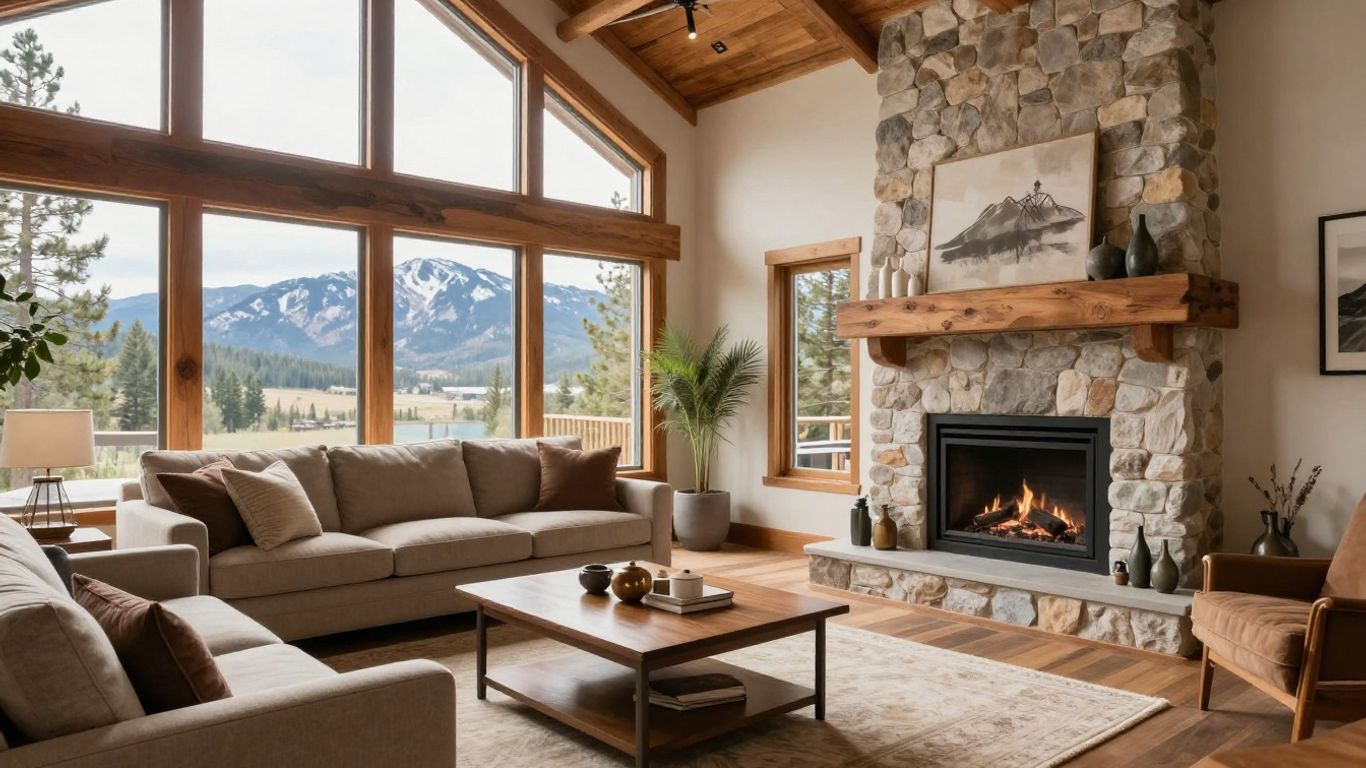 Modern Airbnb interior with mountain views in Lake Tahoe.