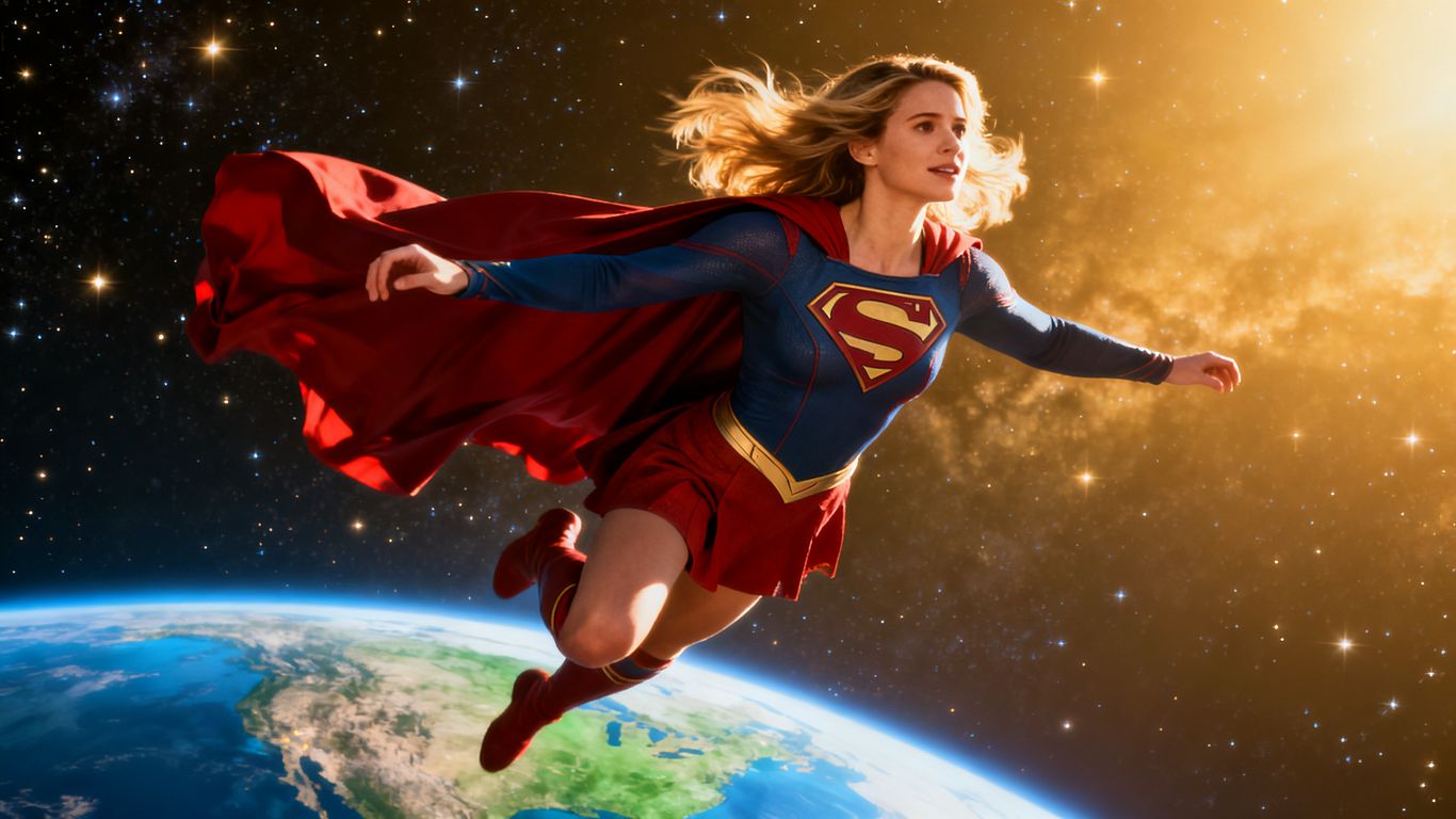 Supergirl flying high above a glowing Earth.