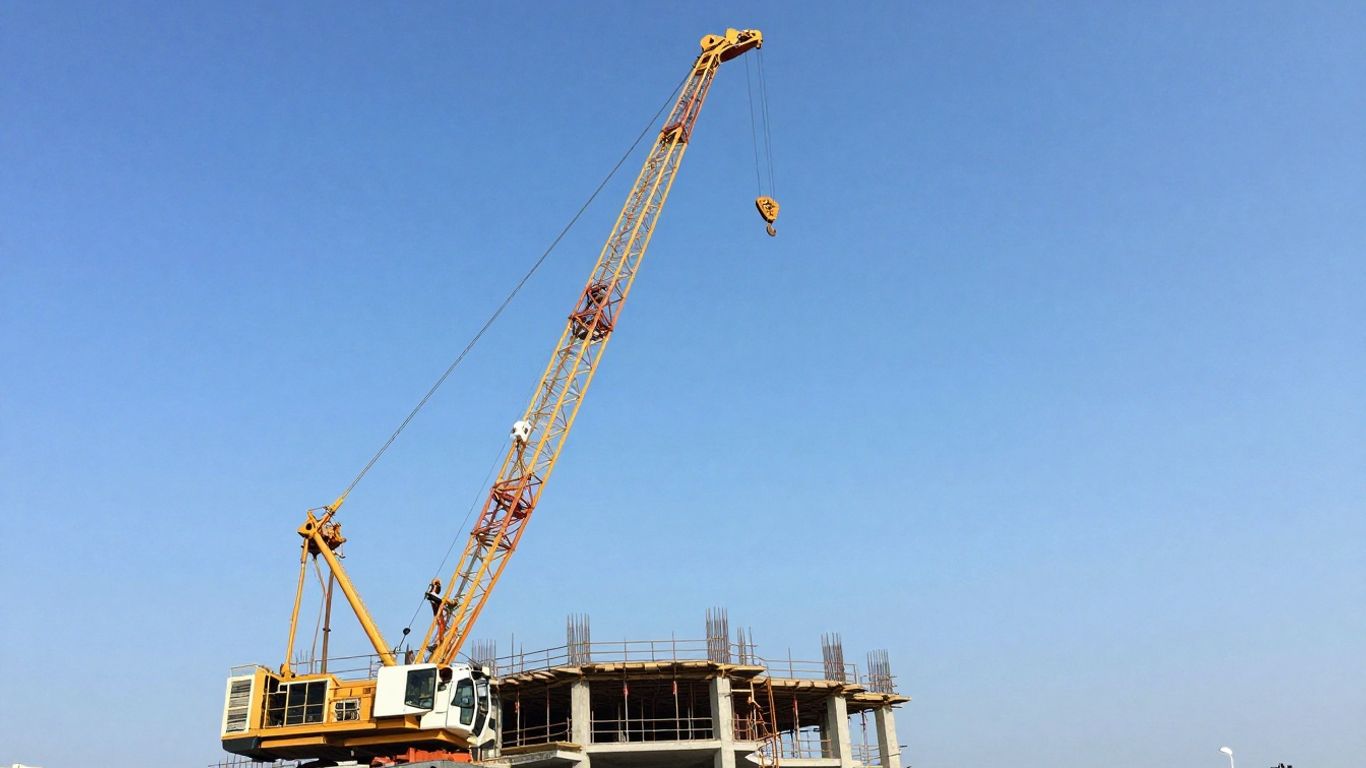 Crane lifting construction beam against blue sky.