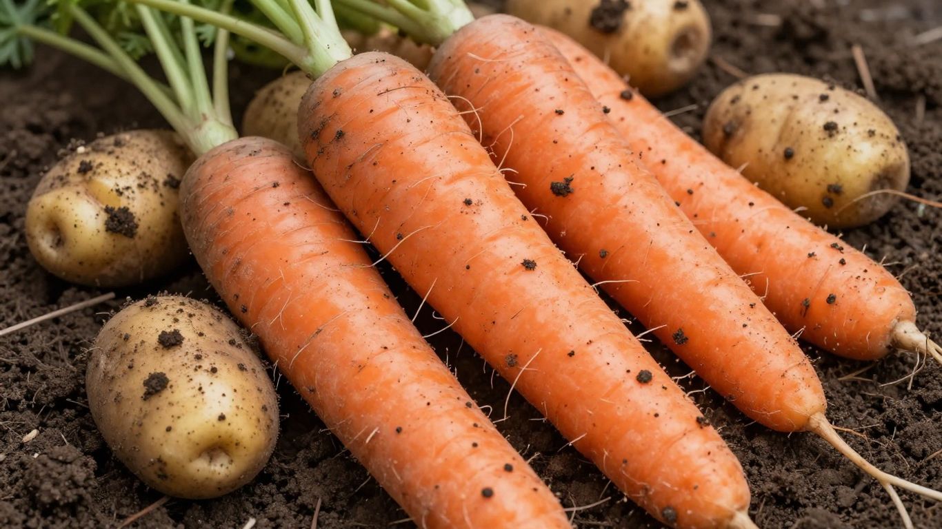Biologische wortels en aardappelen in de grond