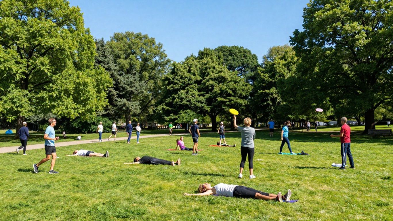 People exercising outdoors for mental well-being.