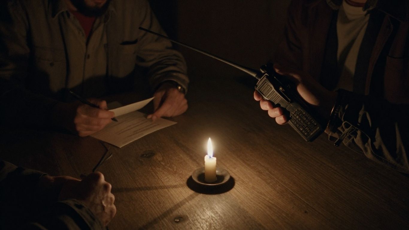 Person using walkie-talkie and writing letter during power outage.