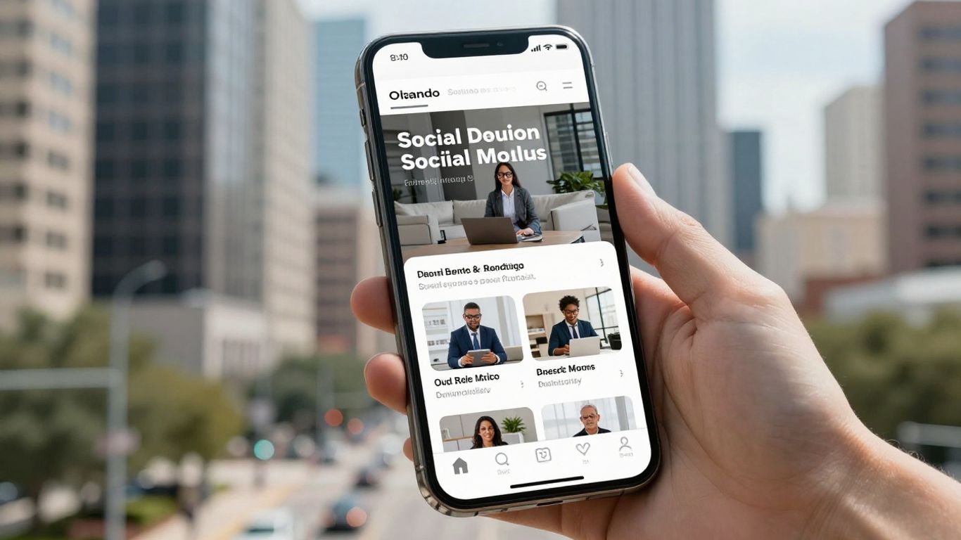 Social media feed on phone with Orlando cityscape background.