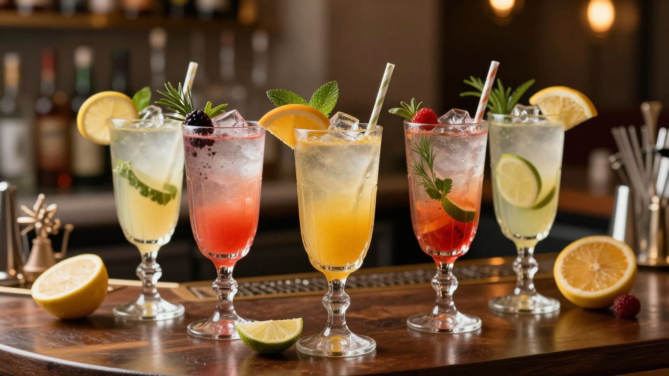 Elegant mocktail bar with colorful drinks and garnishes.