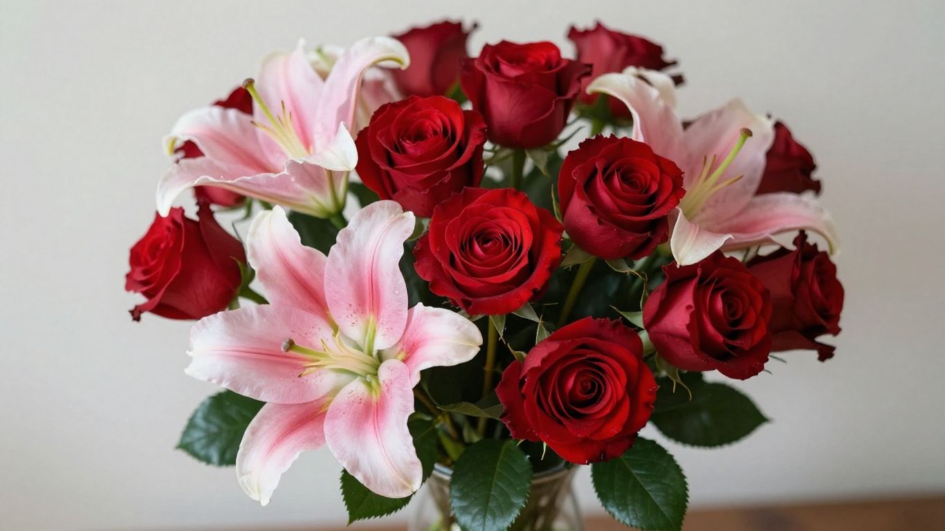 Beautiful Valentine's Day flower arrangement with roses and lilies.