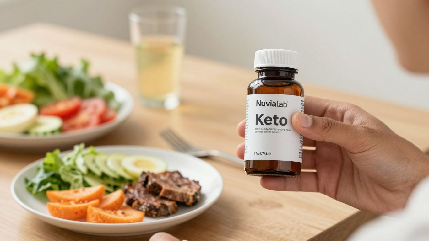 NuviaLab Keto bottle with healthy food
